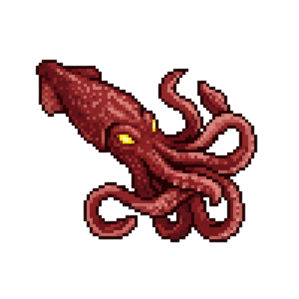 A Monstrous Giant Squid with Glowing Yellow Eyes and Writhing Tentacles