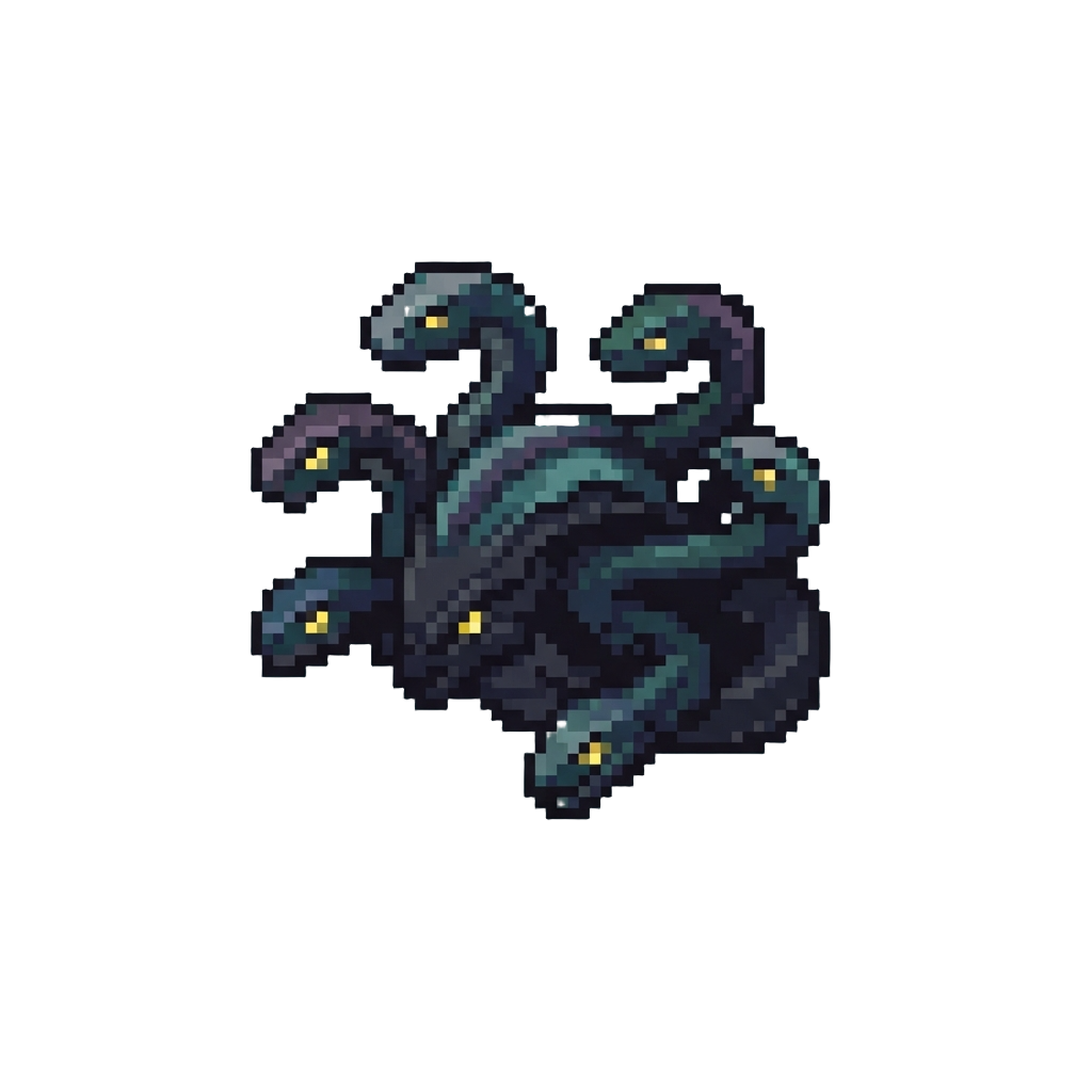 A Shadowy Abyssal Scylla with Six Writhing Serpent Heads and Glowing Eyes