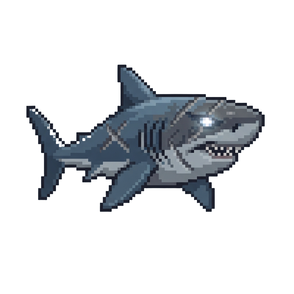 A Colossal Scar-faced Megalodon Shark with Glowing White Eyes