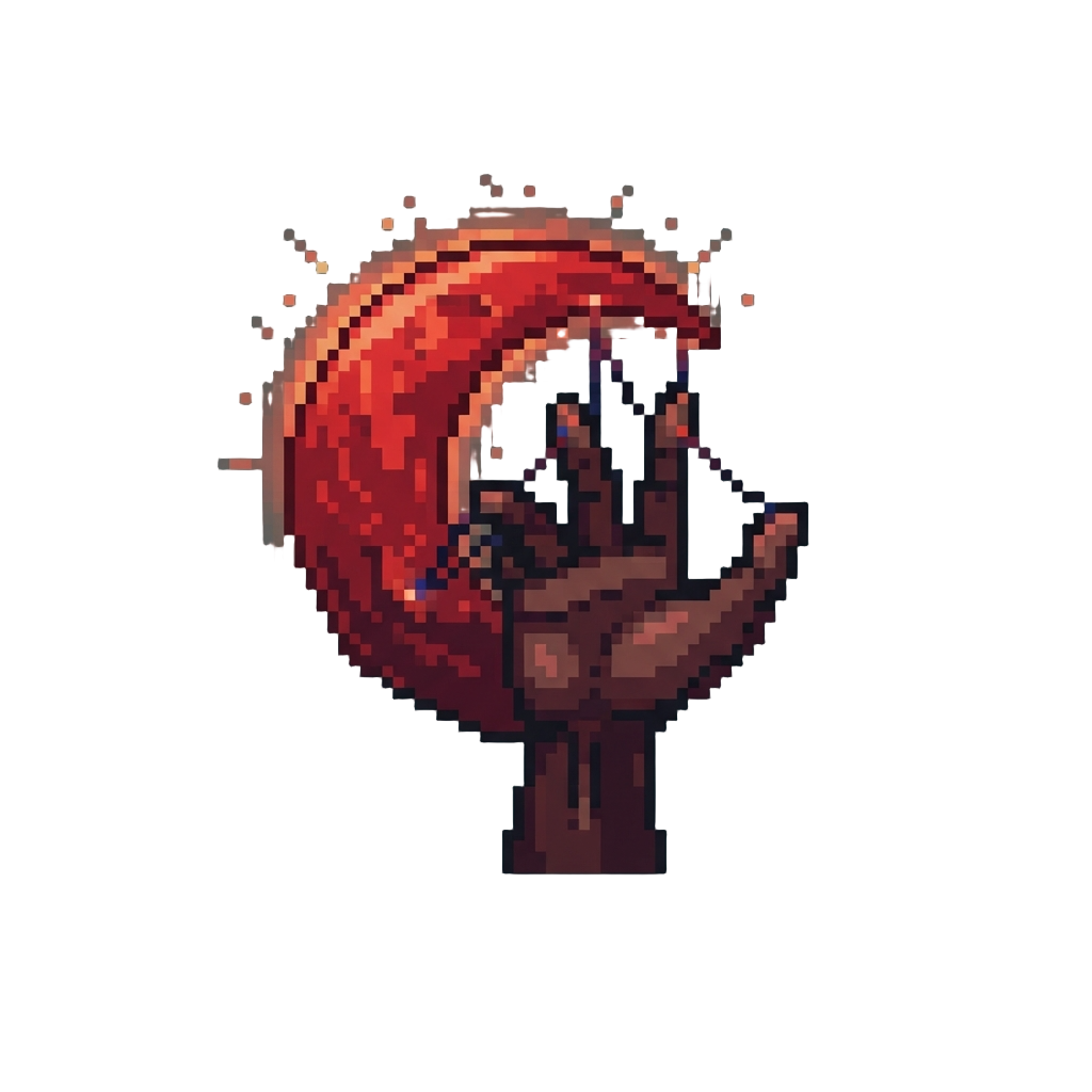 A Blood-red Moon Glowing While Puppet-controlling with a Raised Hand