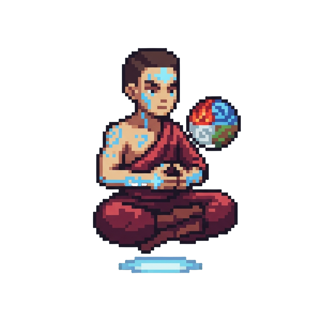 A Cross-legged Levitation with Glowing Blue Tattoos and a Four-element Sphere