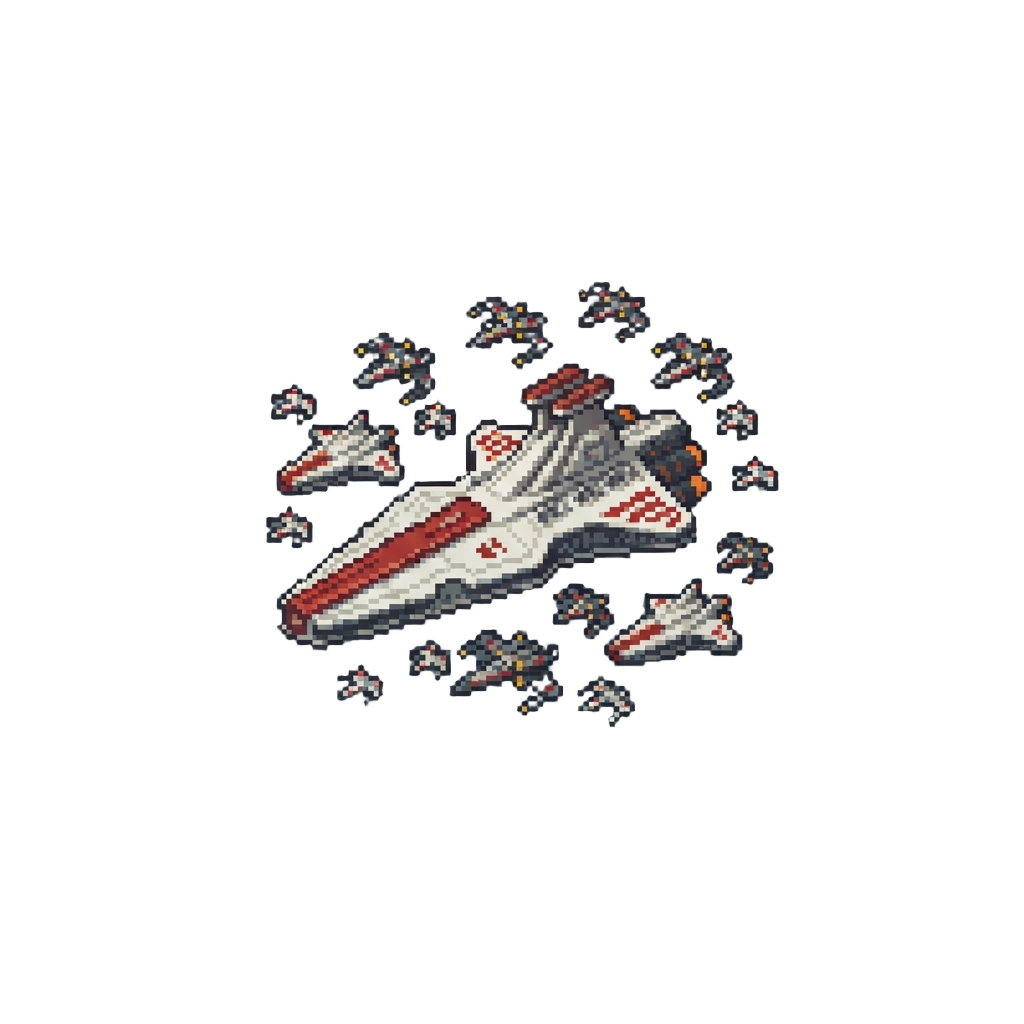 A Fleet of Republic Cruisers Surrounded by Swarming X-wings