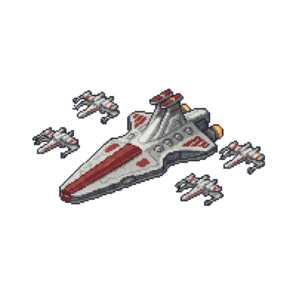 A Giant Republic Cruiser Flanked by a Fast X-wing Squadron