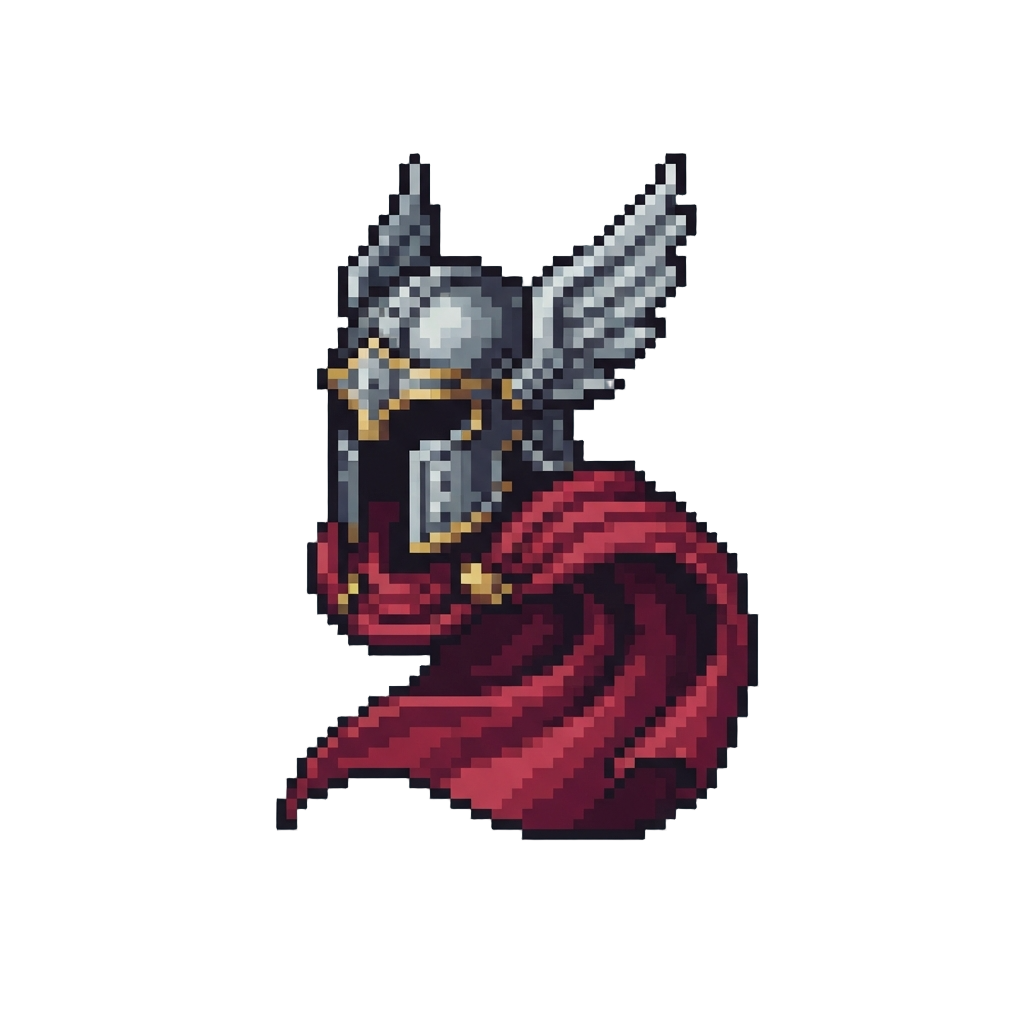 A Swirling Crimson Battle Cape and Winged Silver Storm-helm