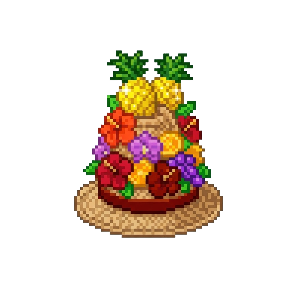 A Tower-high Tropical Fruit Basket Hat Loaded with Sparkling Pineapples and Flowers