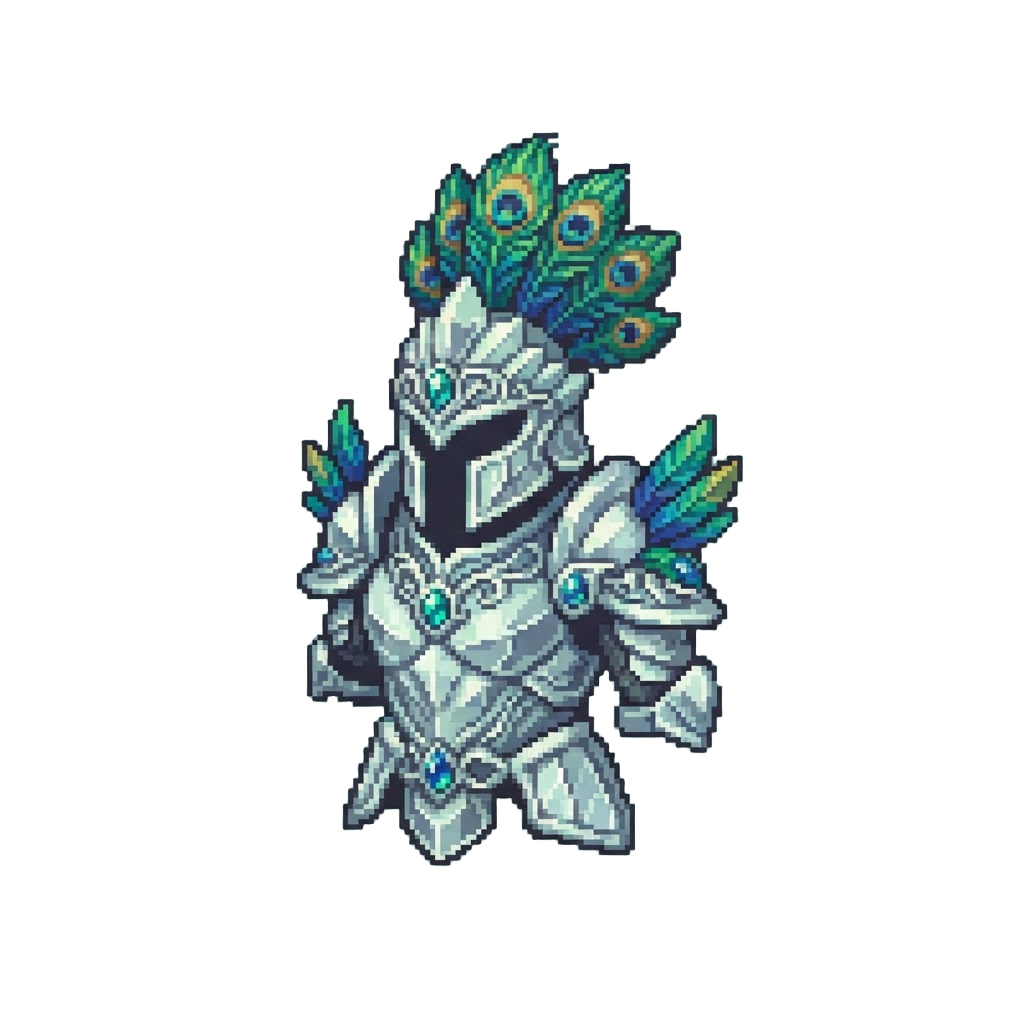 A Shimmering Silver Crystal Carnival Armor with Peacock Plumes