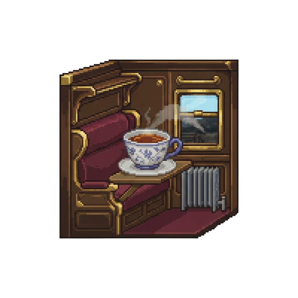 A Vintage Steam Train Compartment with an Absurdly Large Cup of Tea