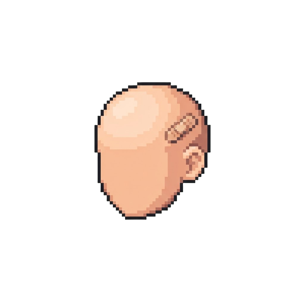 A Squeaky Bald Scalp with a Tiny Bandage Above the Ear