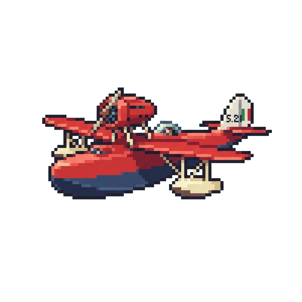 Porco Rosso Sunny Adriatic Beach with a Red Seaplane