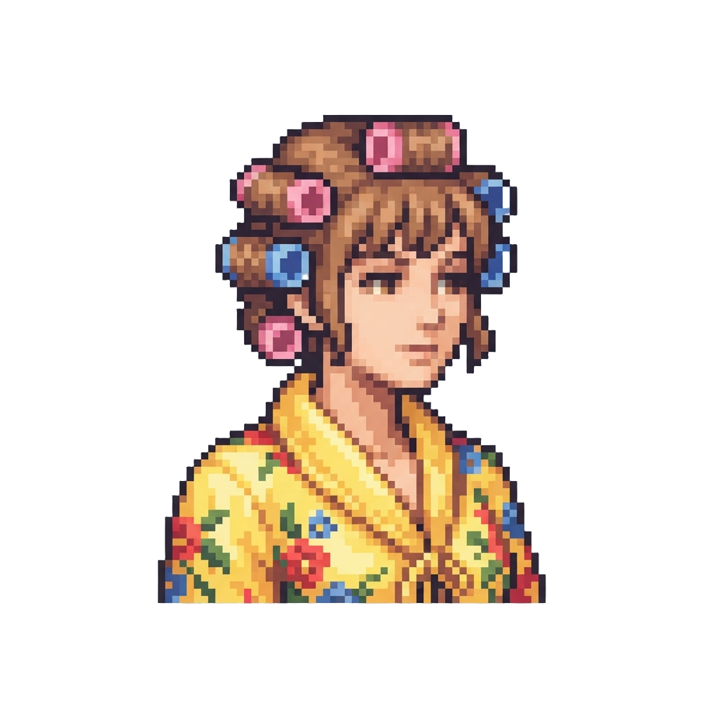 Curlers in Her Hair and a Bright Floral Bathrobe