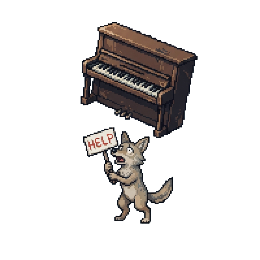 A Coyote Holding Up a Tiny 'help' Sign Right Before a Heavy Piano Falls on It