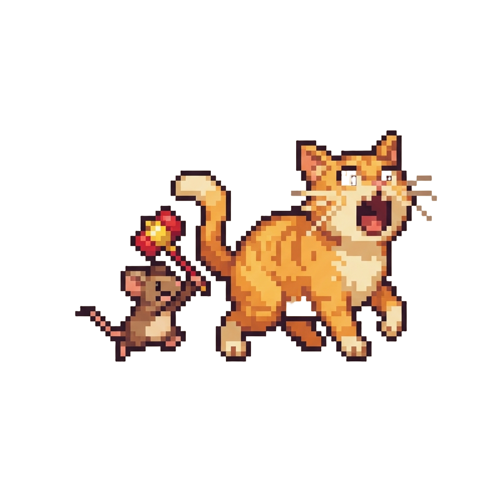 A Tiny Mouse Chasing a Giant Screaming Cat with a Squeaky Toy Mallet