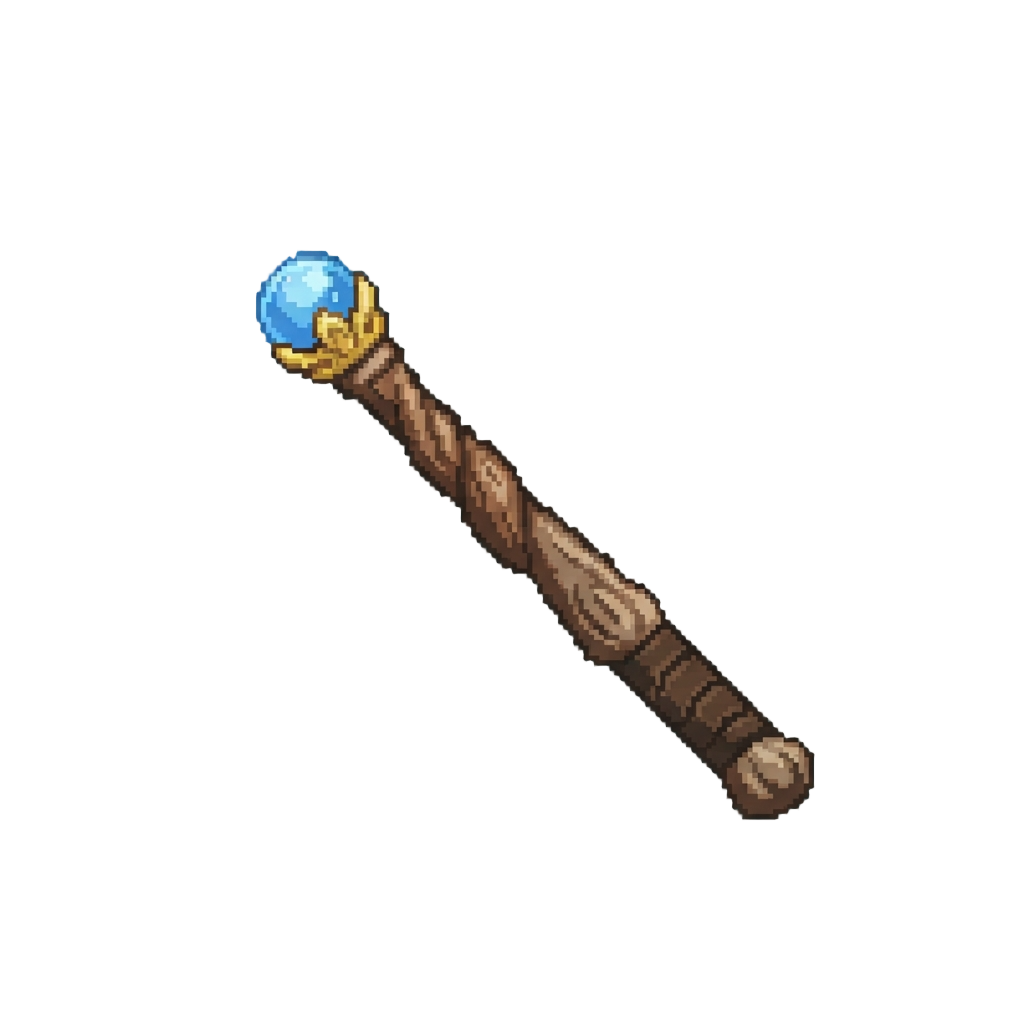 A Classic Carved Wooden Wand Glowing with Soft Blue Sparks