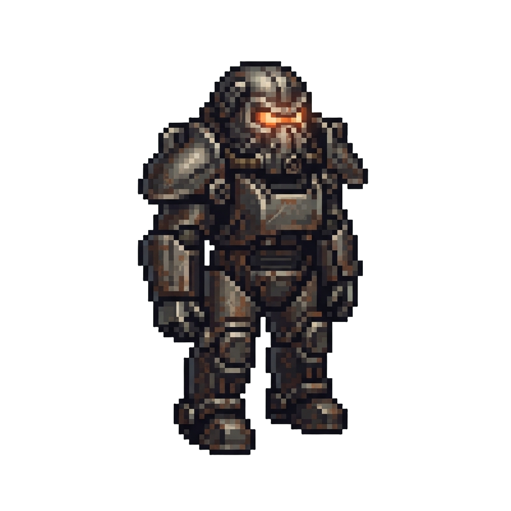 A Bulky Rusted Steel T-45 Power Armor Suit with a Glowing Visor