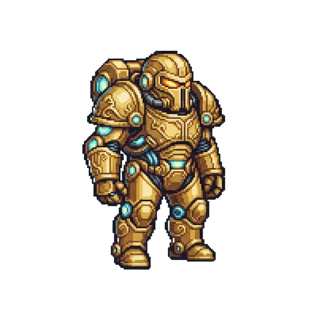 A Golden Gilded Power Armor Suit with Glowing Energy Coils