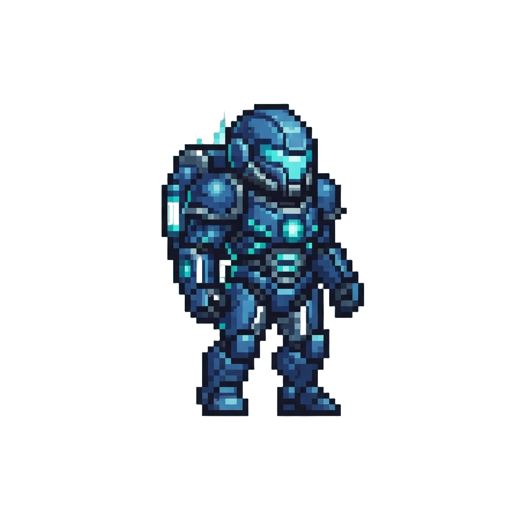 A Glowing Quantum-infused Blue Power Armor Suit Radiating Energy