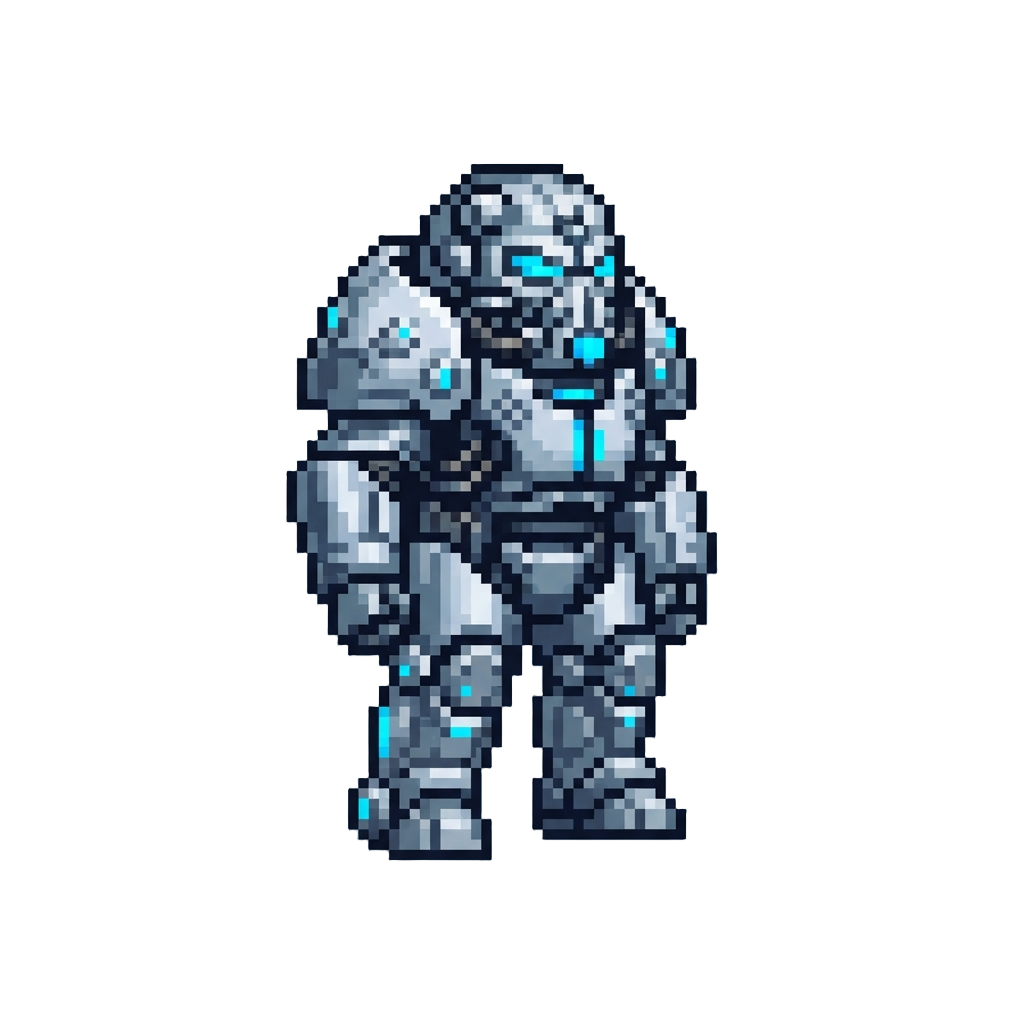 A Sleek Chrome X-01 Power Armor Suit with Bright Blue Eye Slits