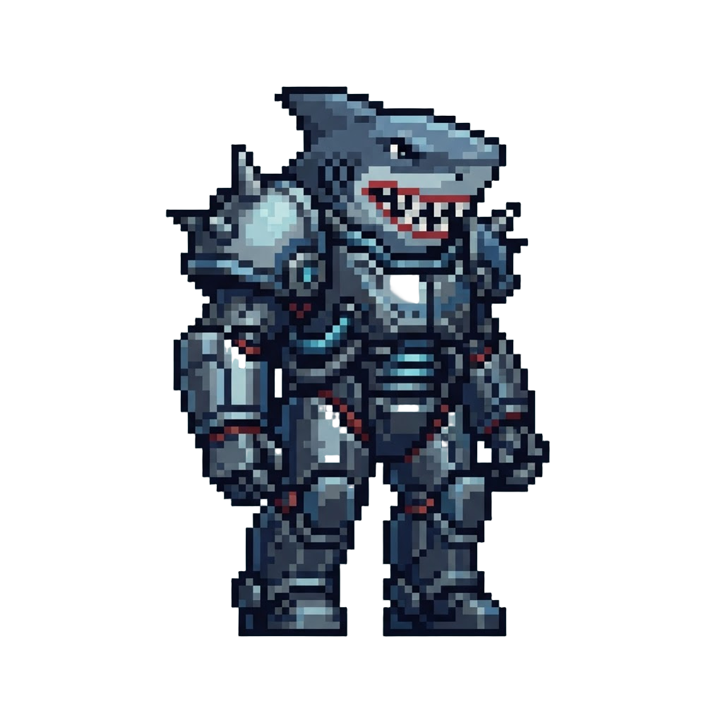 A Customized Shark-painted Power Armor Suit with Spiked Shoulders