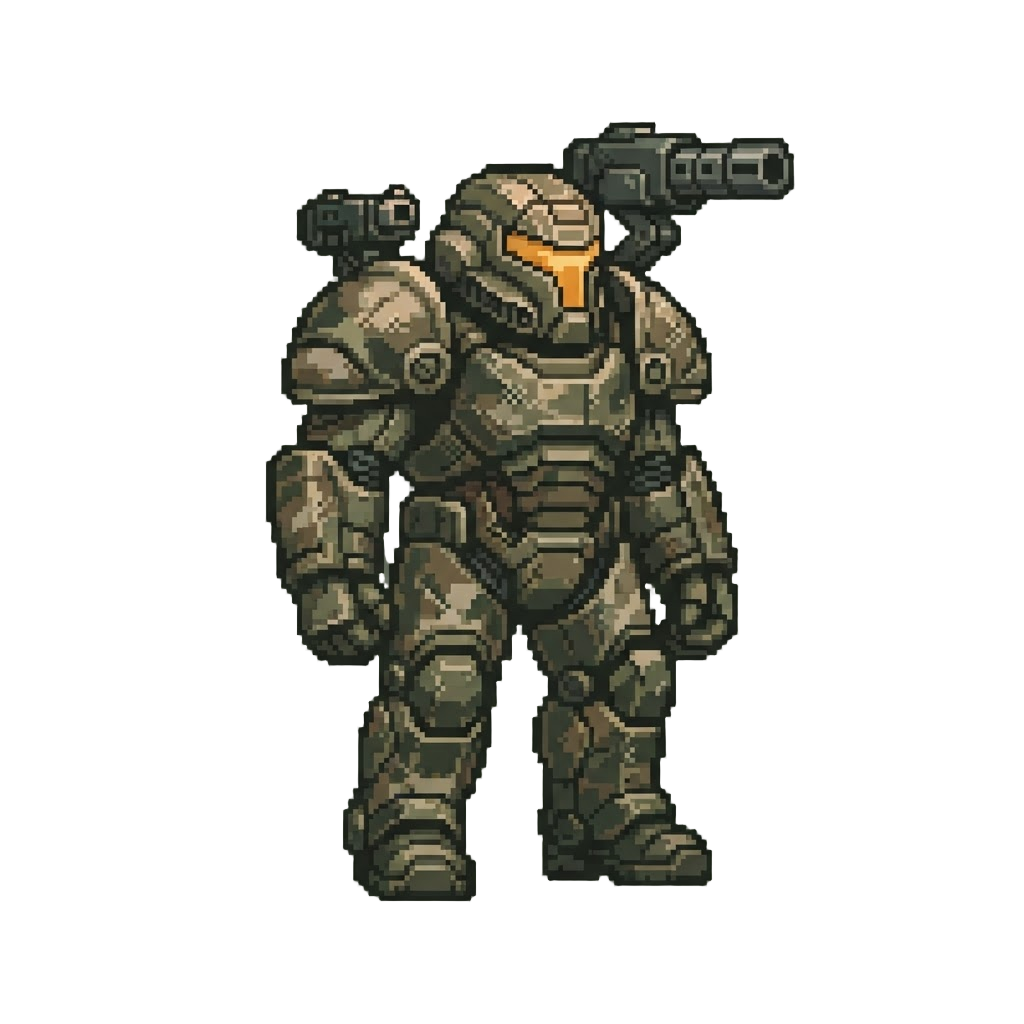 A Weathered Camouflage Power Armor Suit with Shoulder Cannons