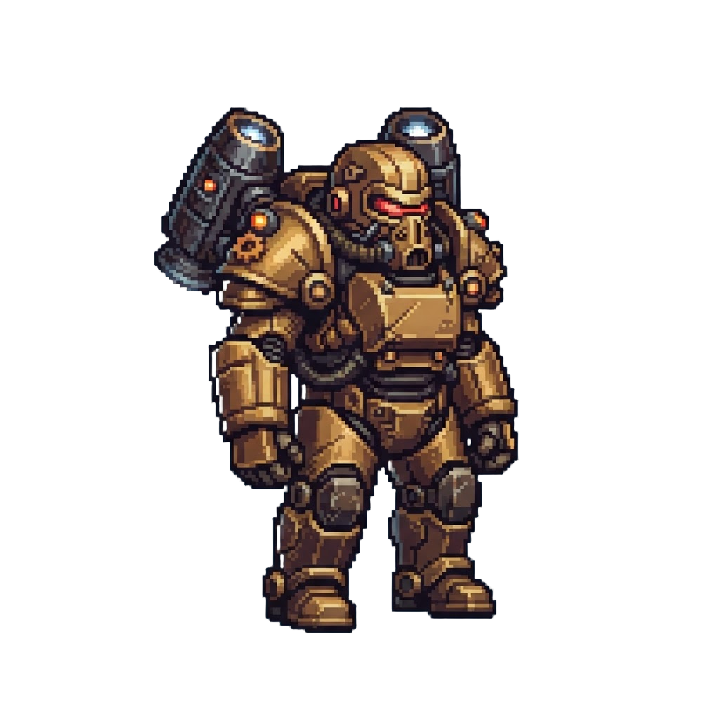 A Heavy Painted Brass Power Armor Suit with Jet Thrusters