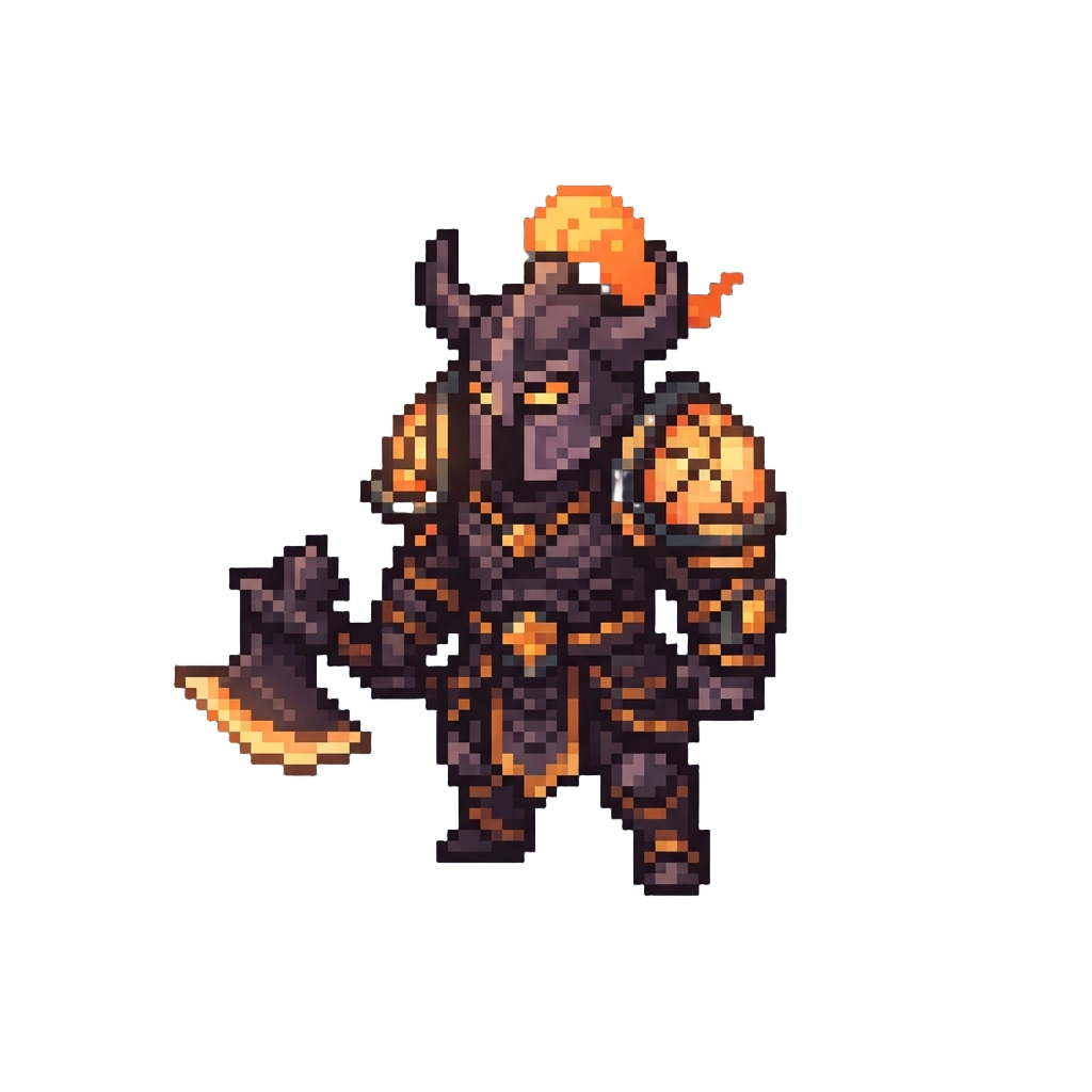 A Fiery Amber Berserker with Glowing Stained-glass Pauldrons