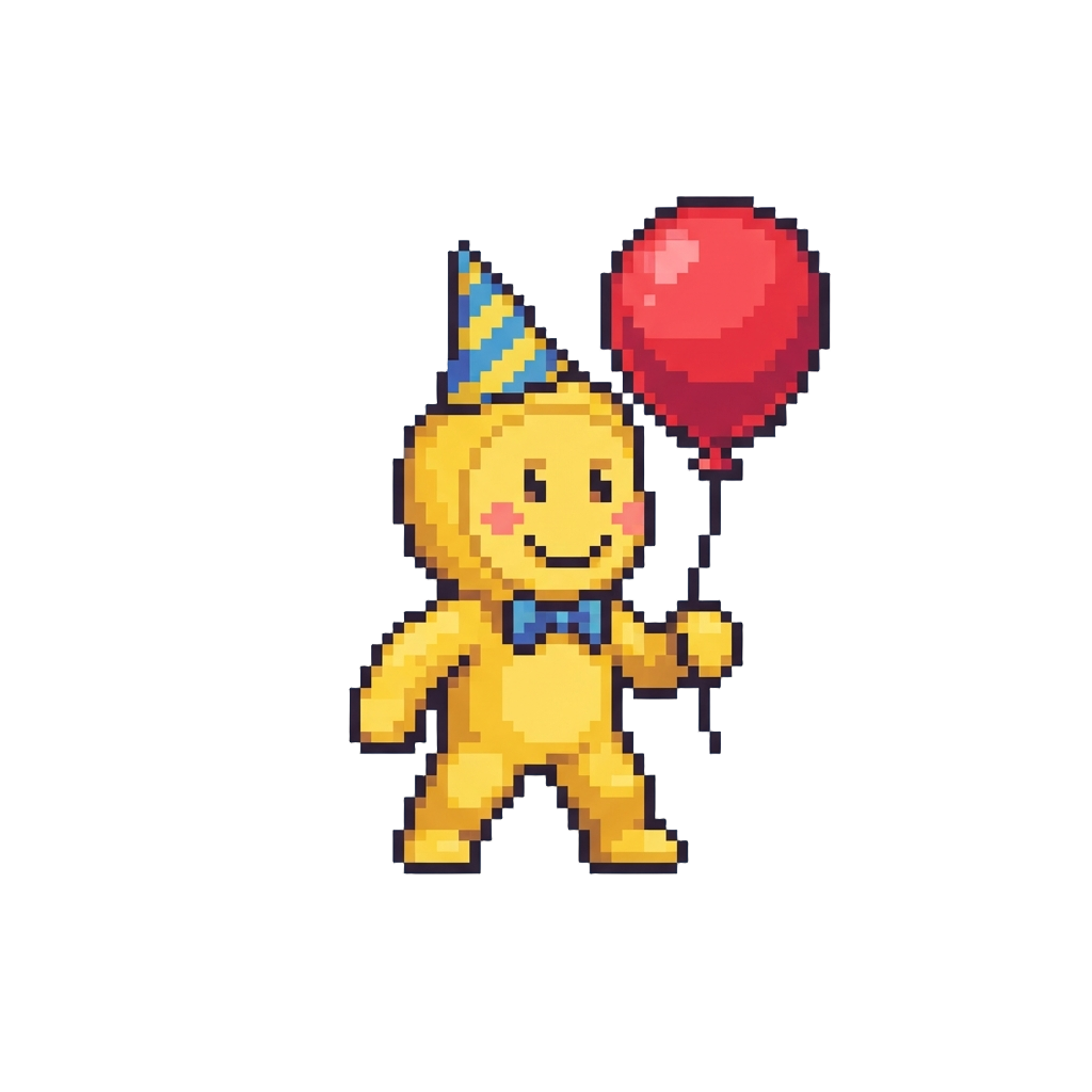 A Friendly Yellow Partygoer Holding a Red Balloon