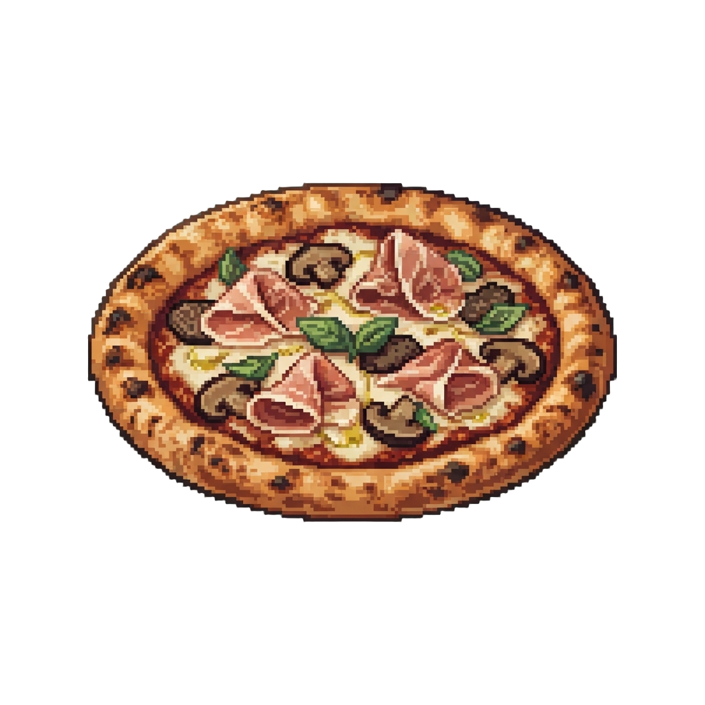 A Gourmet Wood-fired Prosciutto and Truffle Mushroom Pizza