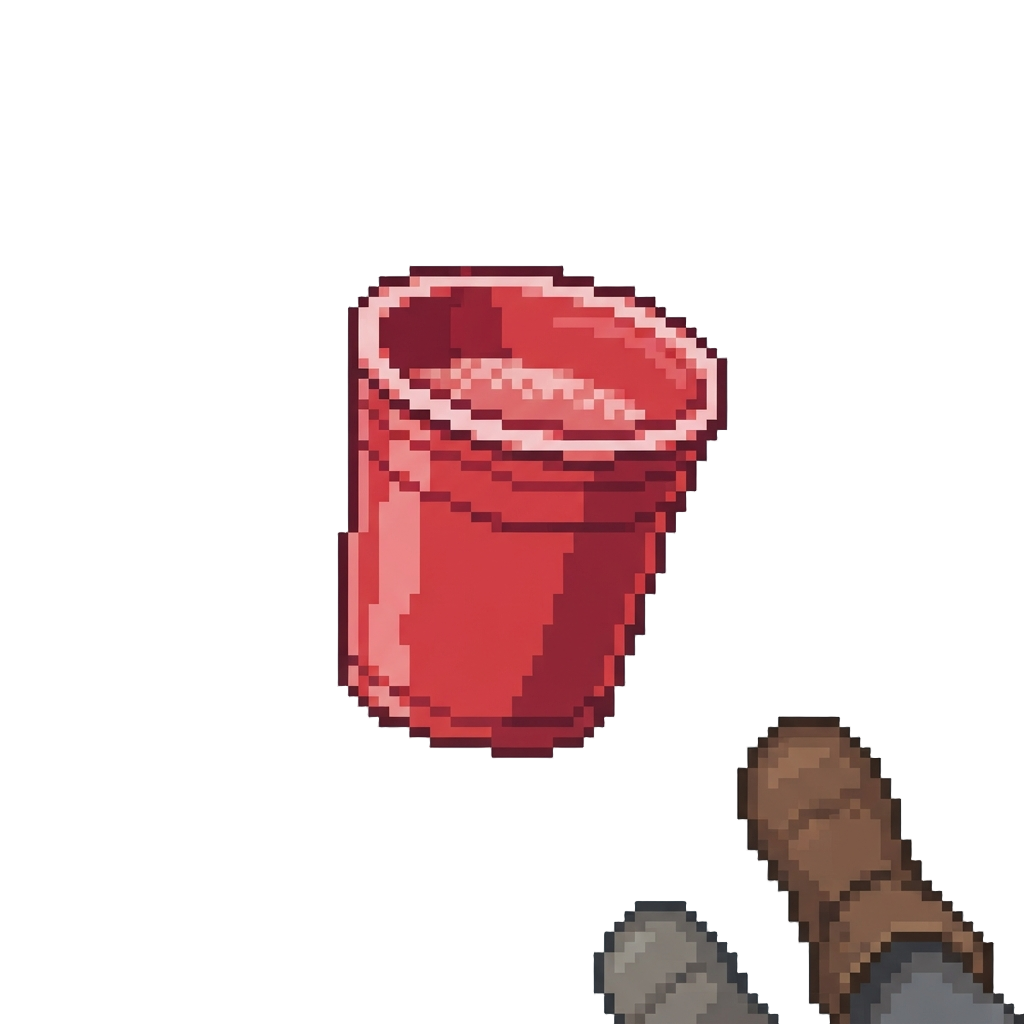 A Miniature Plastic Cup Rolling Past @image1's Boots