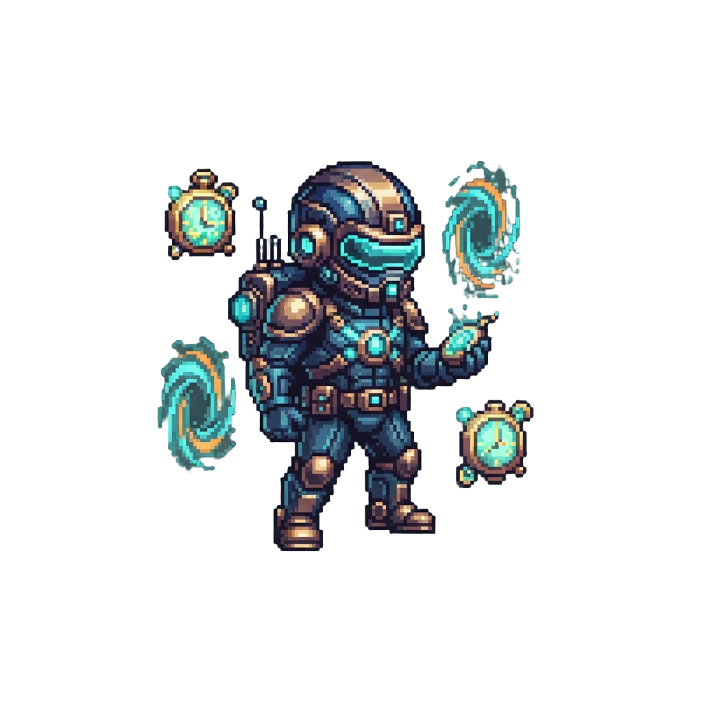 A Futuristic Time Traveler Surrounded by Glowing Clocks and Portals