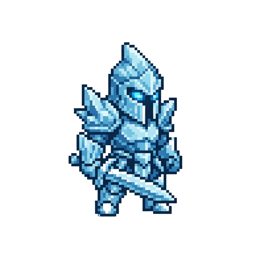 An Icy Crystalline Warrior with Glowing Blue Eyes in a Frozen Wasteland