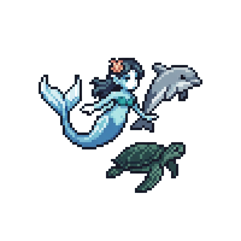 An Aquatic Ocean Character Swimming Alongside Dolphins and Sea Turtles