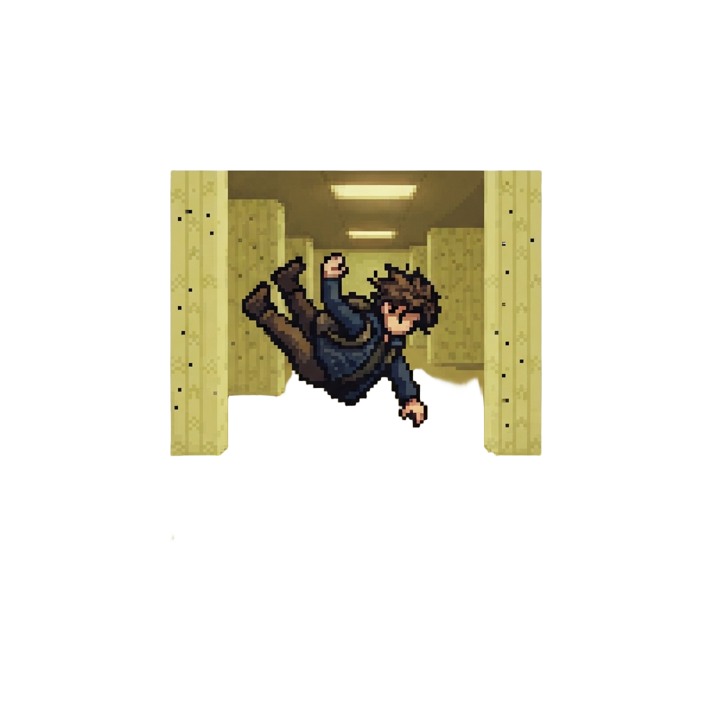 An Explorer Falling Into the Endless Yellow Corridors of the Backrooms