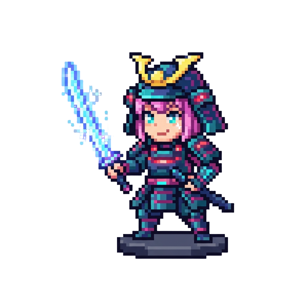 A Sparkling Neon Samurai Waifu Figurine with Glowing Katana