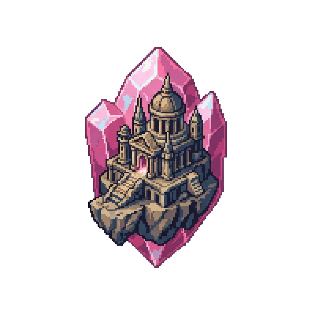 An Ancient Floating Temple Suspended Inside a Pink Crystal Sky