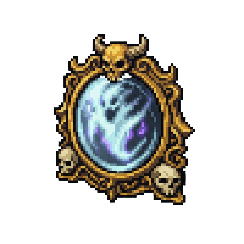 A Glowing Haunted Mirror Framed in Gold Skull Carvings