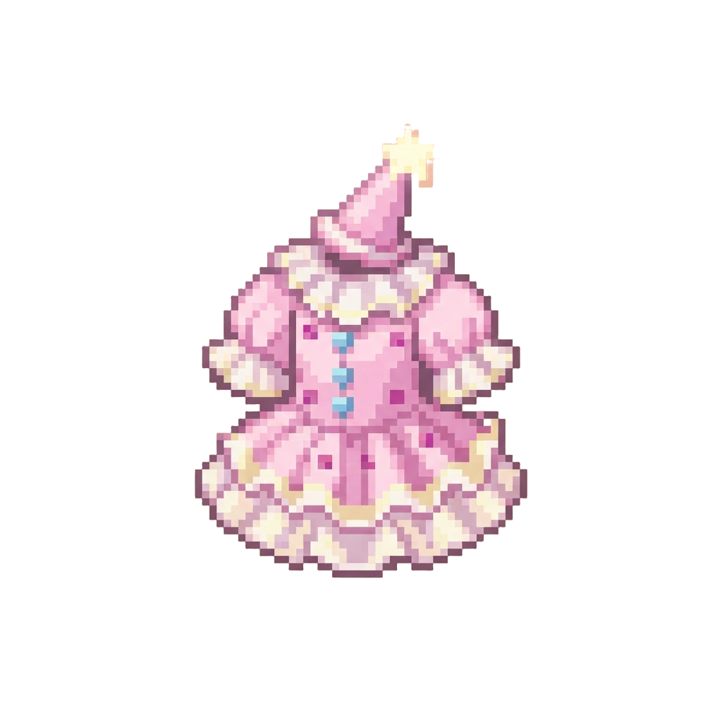 A Pastel Pink Ruffled Clown Dress with a Glowing Star Hat