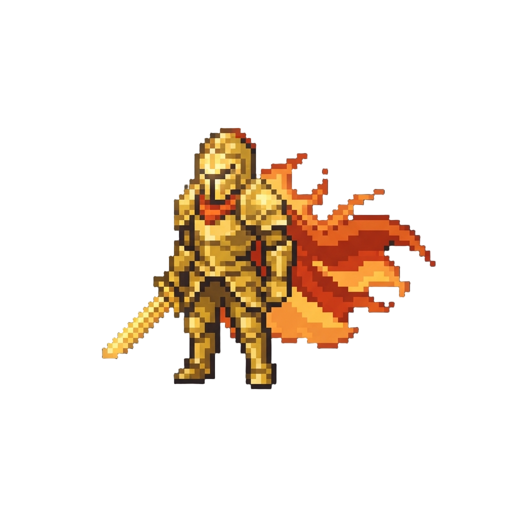 A Glowing Golden Phantom Knight Costume with a Fiery Cape