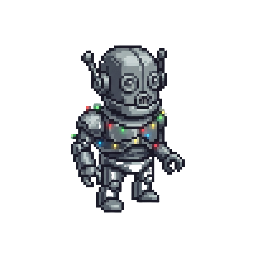 A Shiny Metallic Robot Disguise with Blinking Holiday Lights
