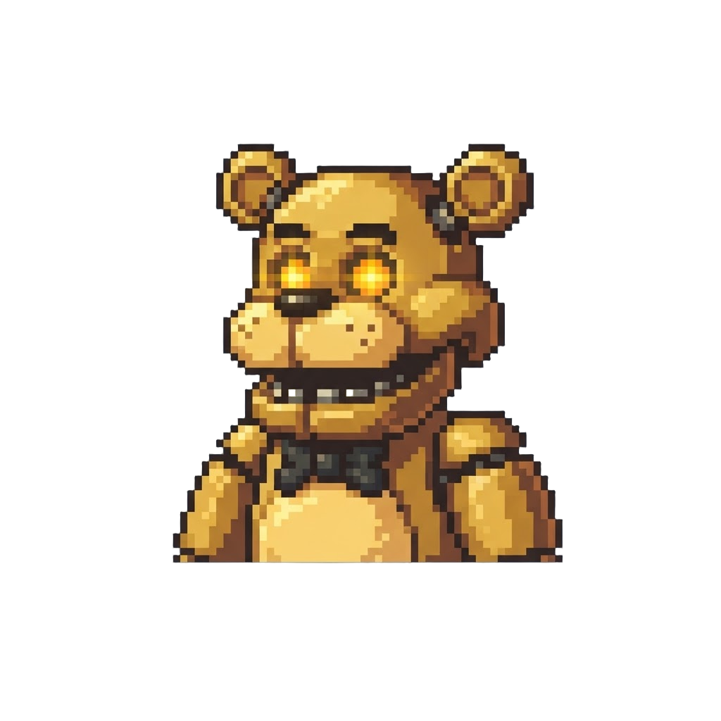 A Golden Animatronic Bear with Glowing Eyes