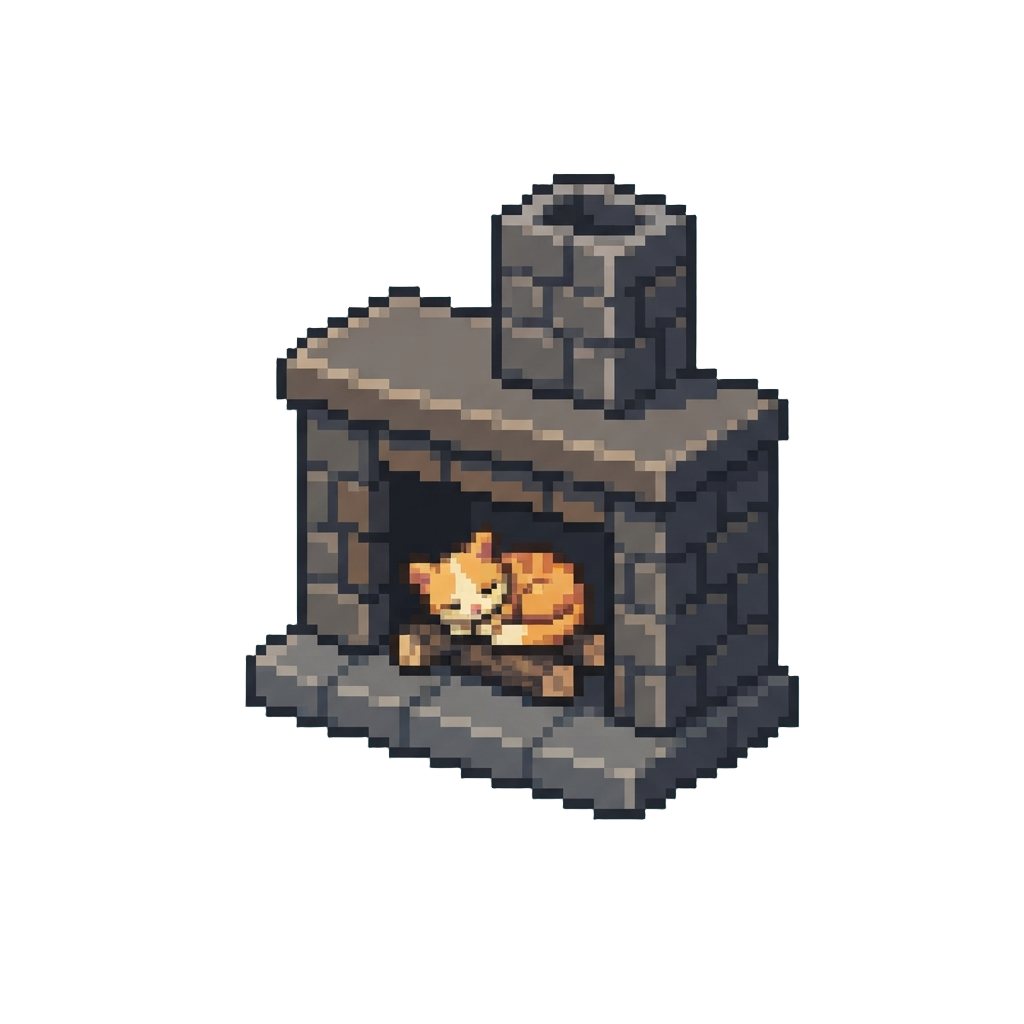 A Miniature Fireplace with a Sleeping Plush Kitten