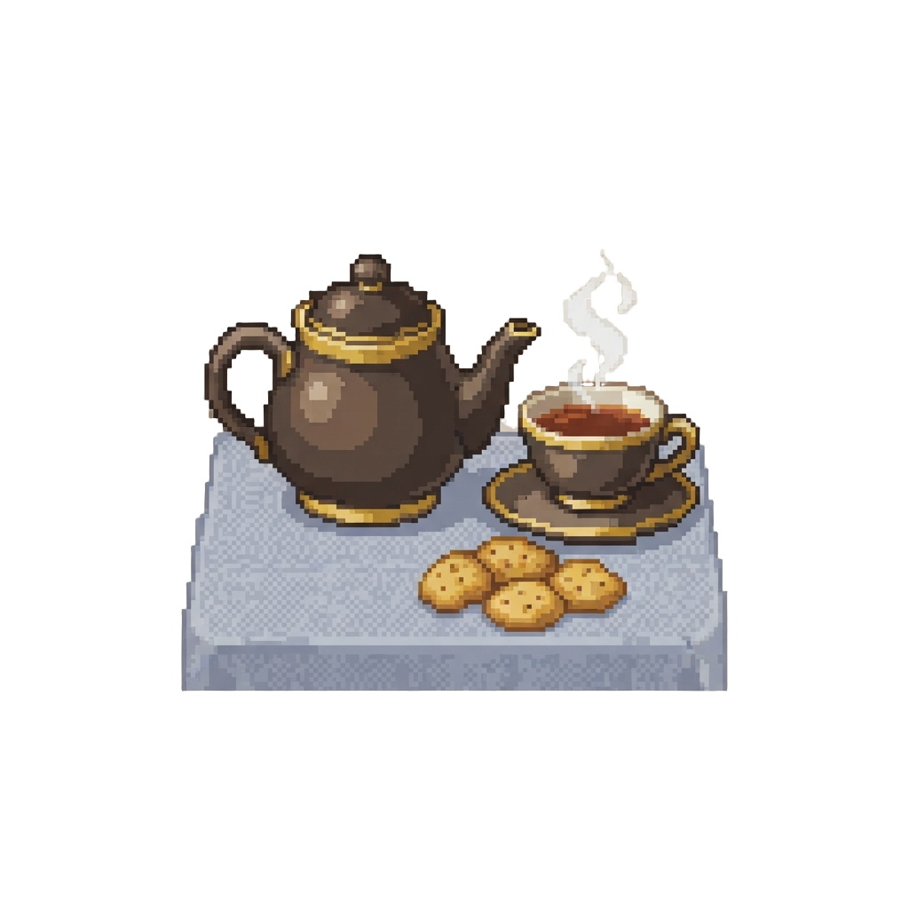 A Steaming Tea Set with Fresh Biscuits on a Tablecloth