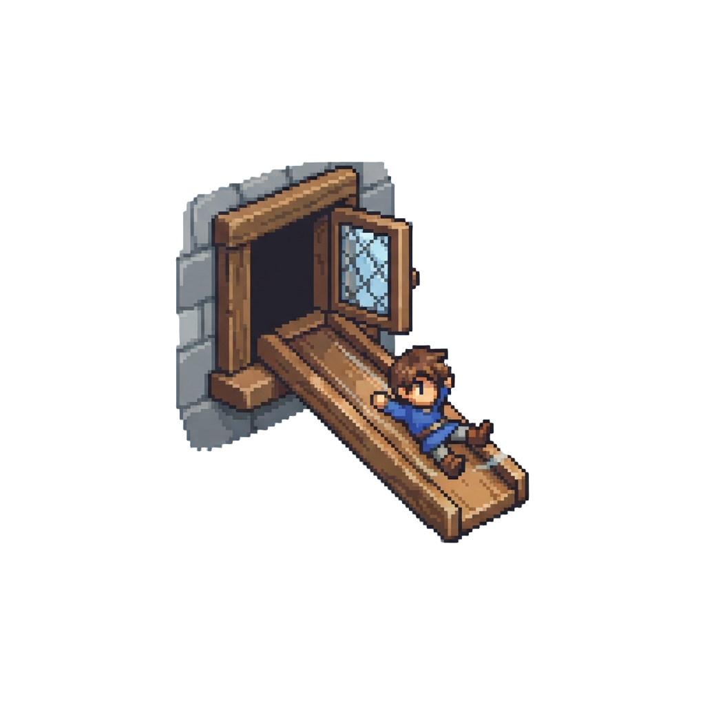 A Sliding Board Sending the Hero Out the Side Window
