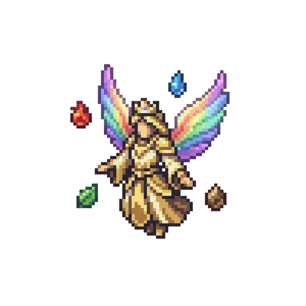 The God of All Domains with Shimmering Iridescent Rainbow Wings and Orbital Elemental Relics