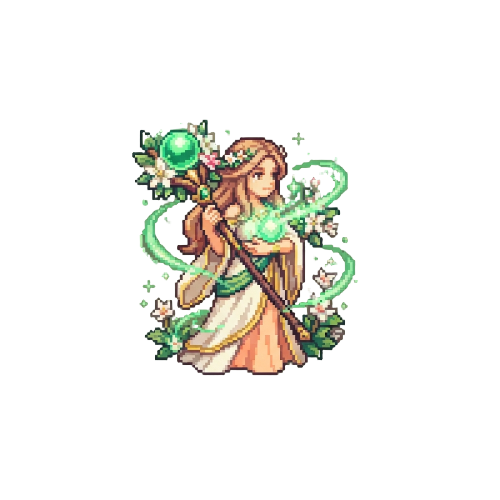 The Goddess of Life, Surrounded by Blooming Radiant Flora and Swirling Emerald Light