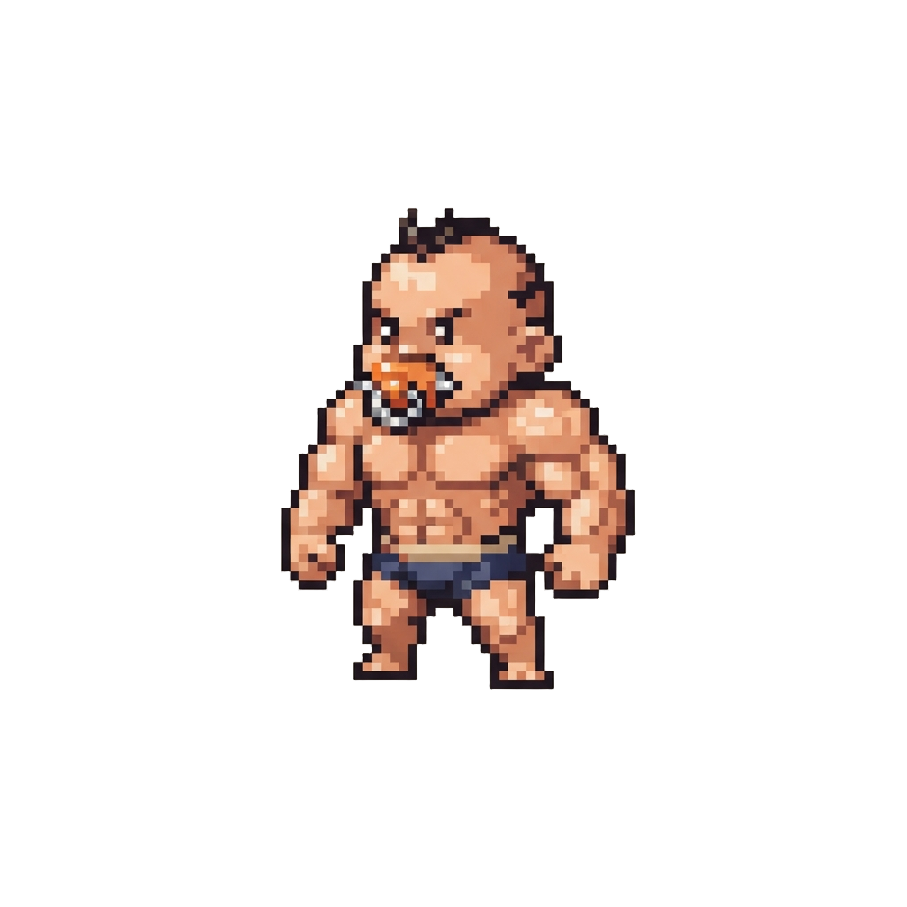 A Miniature Buff Baby with a Spiked Pacifier and Bulging Shoulders