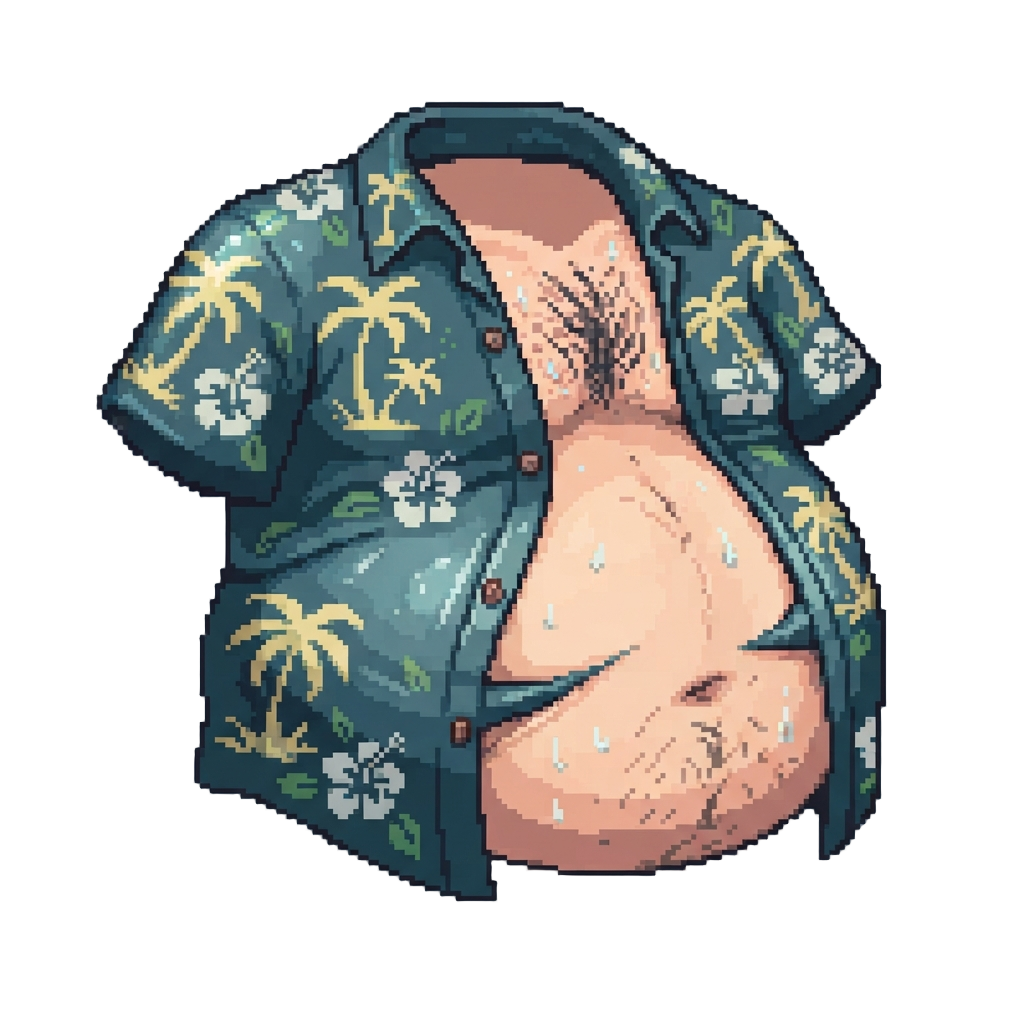 A Greasy Unbuttoned Hawaiian Shirt Stretched Over a Giant Sweaty Stomach