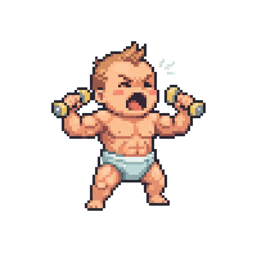 A Screaming Swole Infant Flexing with Tiny Rattling Baby Dumbbells