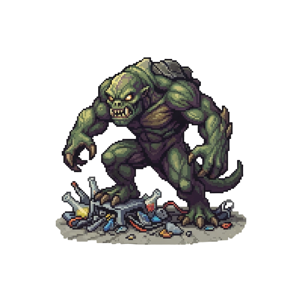 A Giant Overgrown Lab Mutant Stomping on Broken Equipment