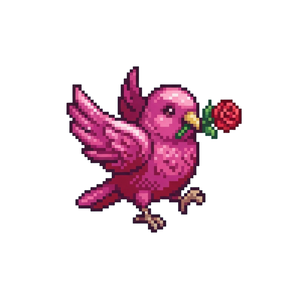 A Giant Glittery Magenta Love Bird Wearing a Rose in Its Beak Dancing Frantically