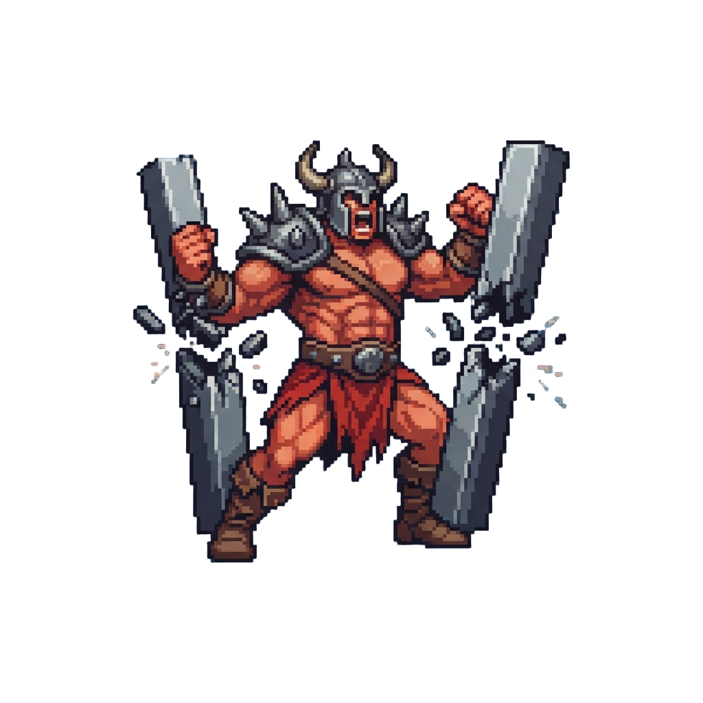 A Giant Enraged Gladiator Breaking Through Steel Pillars